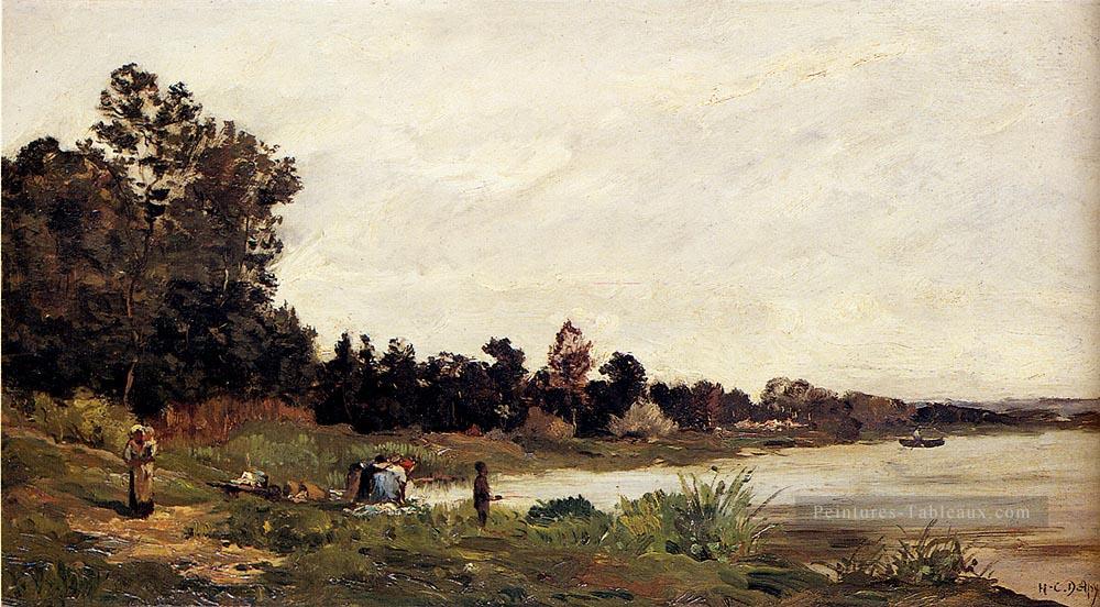Lavandières dans une rivière Paysage scènes Hippolyte Camille Delpy Peintures à l'huile